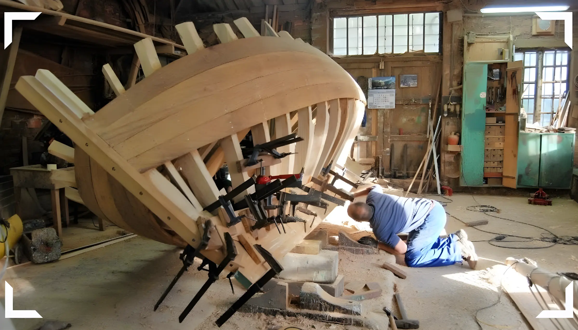 Carpintero construyendo armazón de barco en taller tradicional.