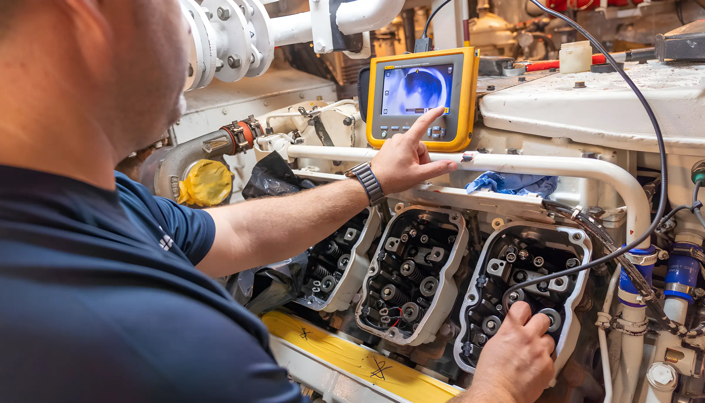 Ingeniero revisa motor con pantalla de diagnóstico