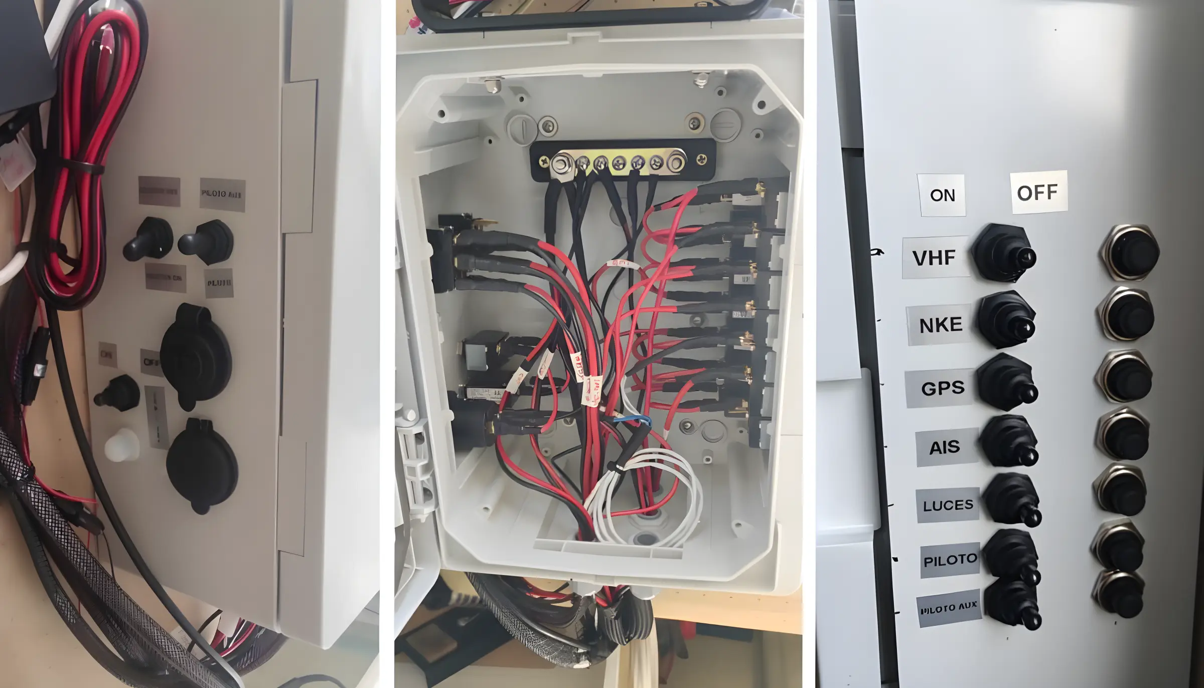 Panel eléctrico marino con interruptores y conexiones.