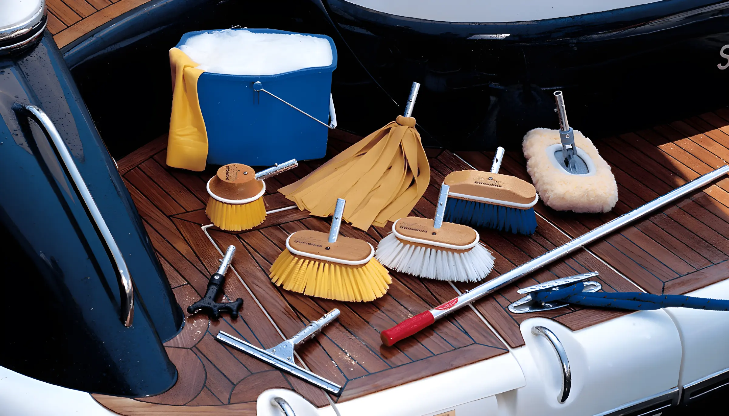 Herramientas de limpieza y cubo en barco