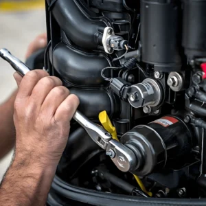 Mecánico ajustando motor con llave inglesa