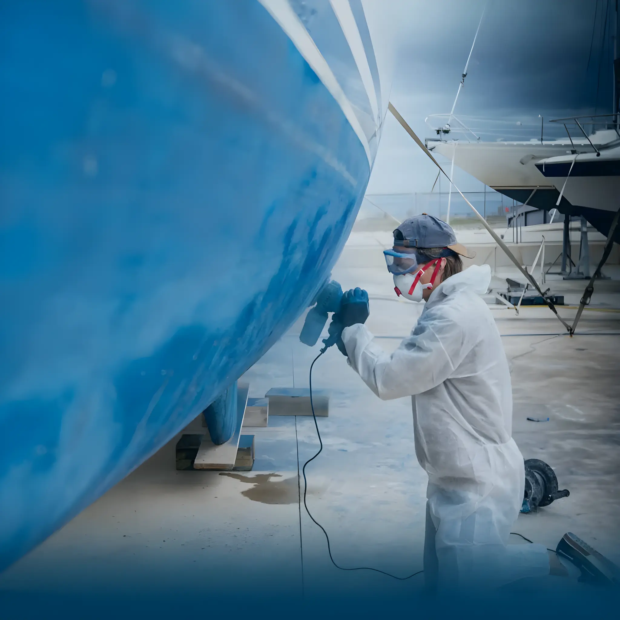 Técnico pintando casco de barco grande