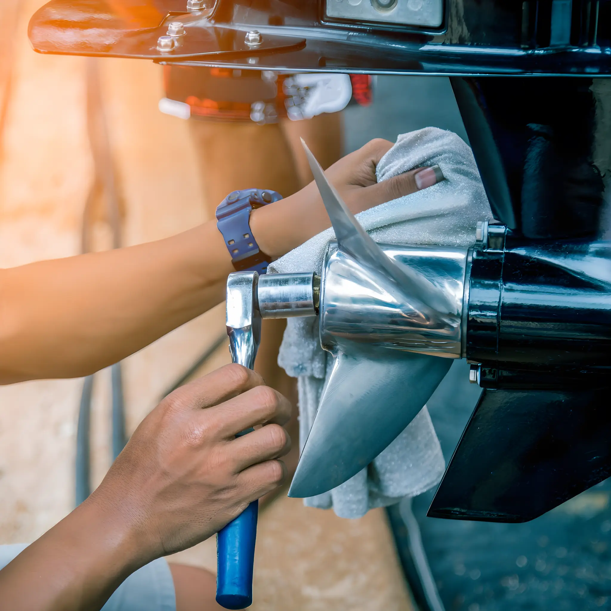 Mantenimiento hélice barco con herramientas y paño.