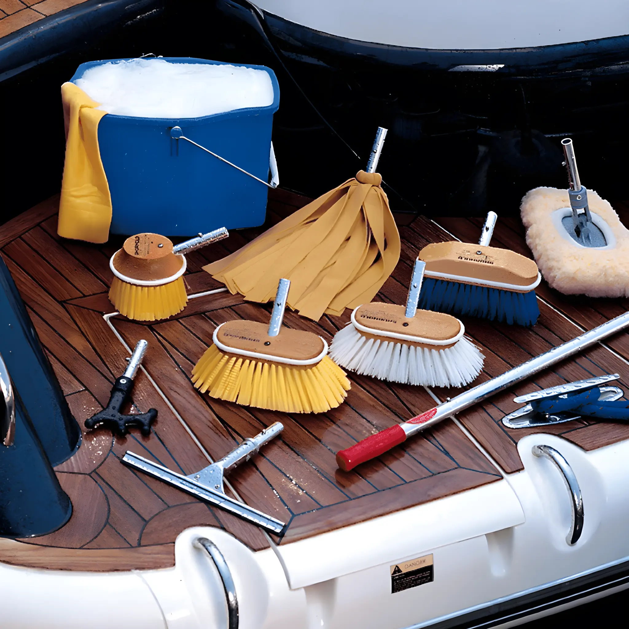 Herramientas de limpieza sobre cubierta de barco.