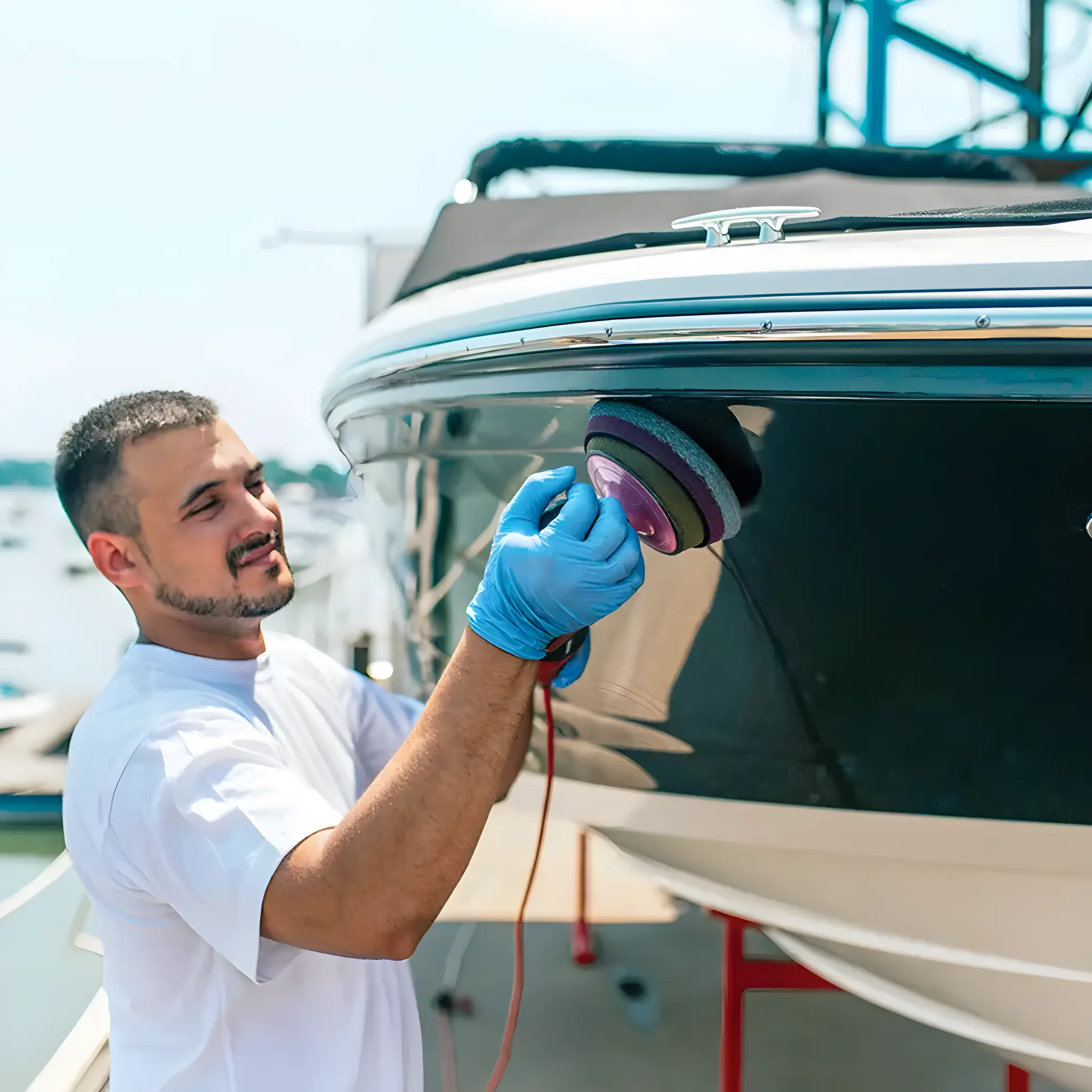Mantenimiento de barcos en Barcelona 2 Hombre puliendo casco de barco en el puerto.