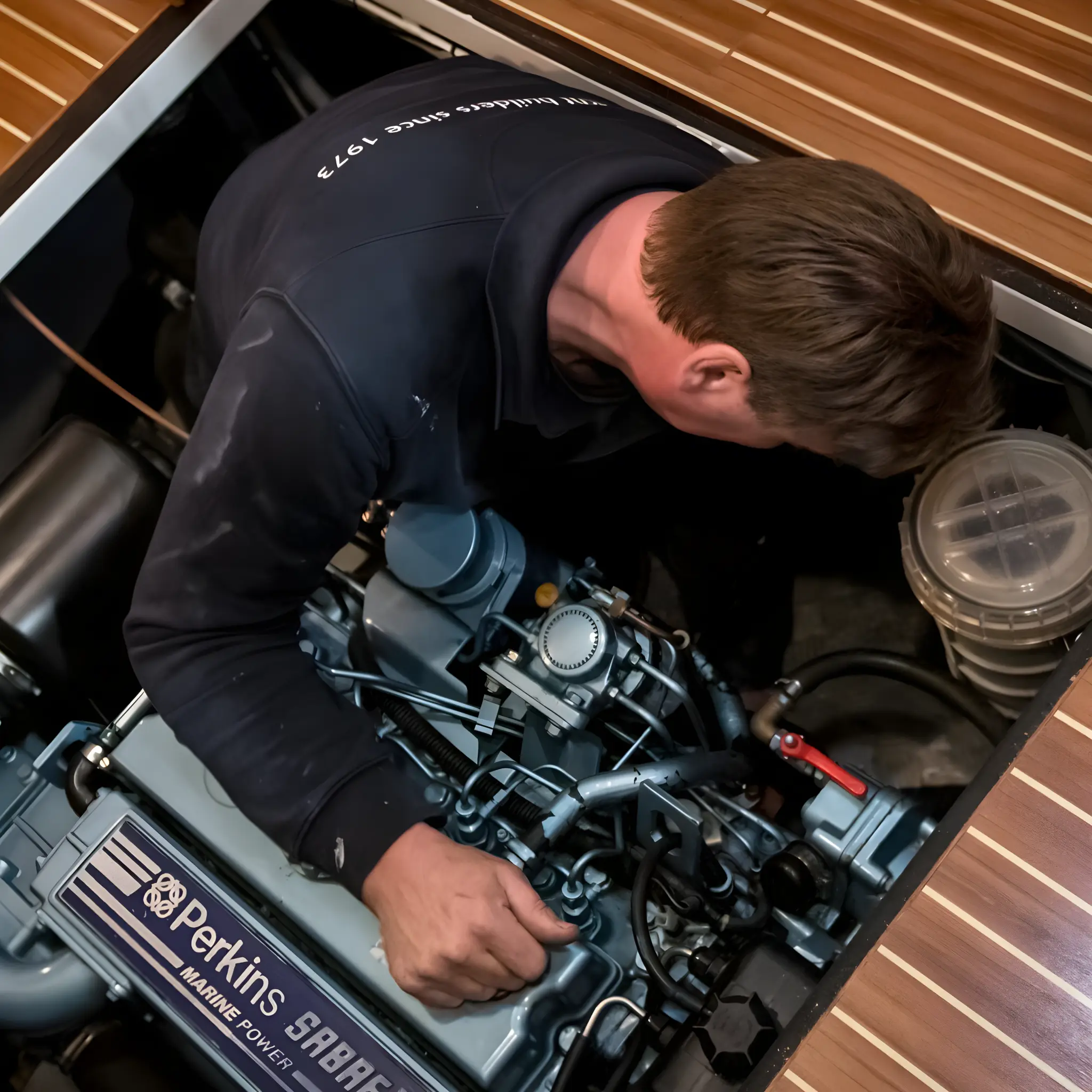 Mecánico revisando motor en compartimento de barco.