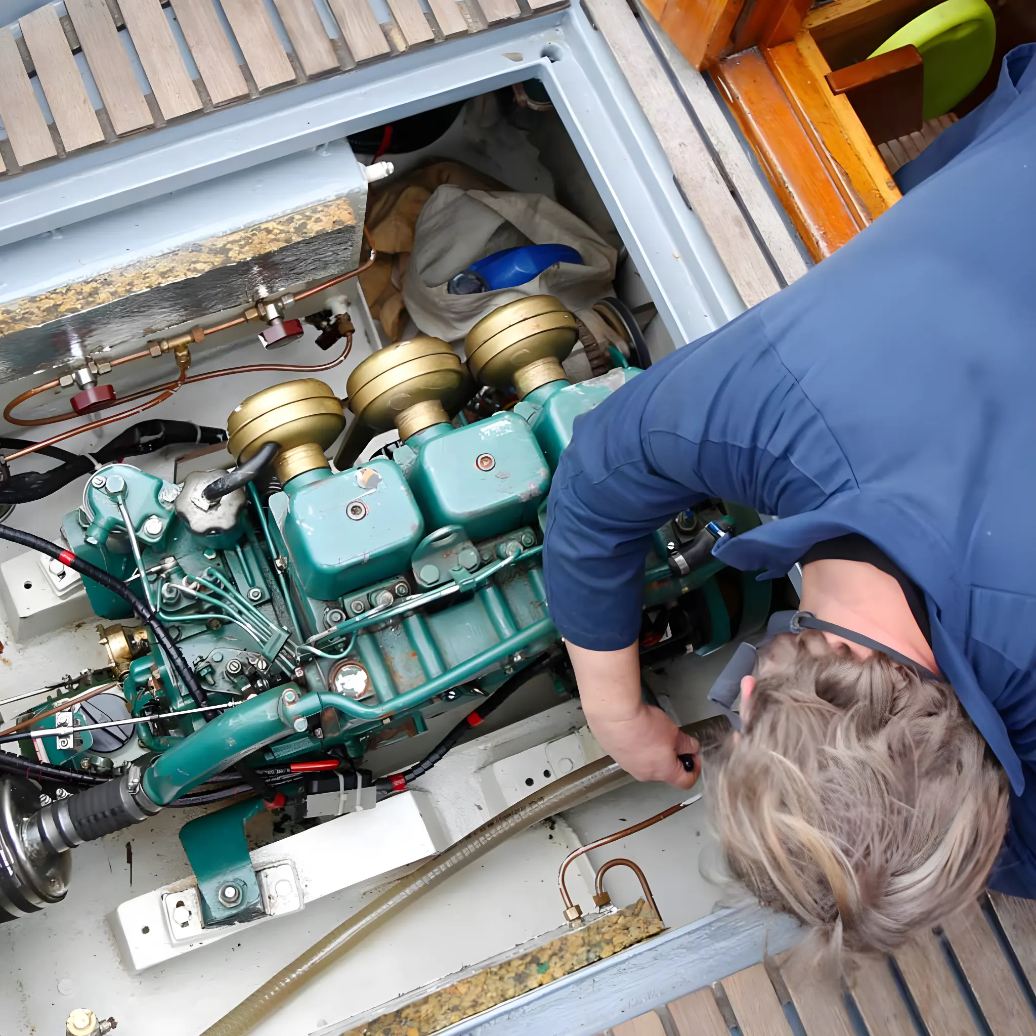 Mecánico revisando motor de barco en reparación