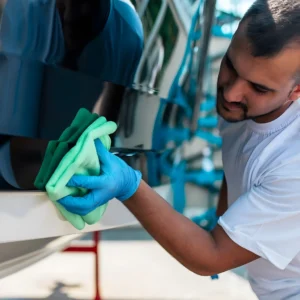 Hombre limpiando coche con guantes