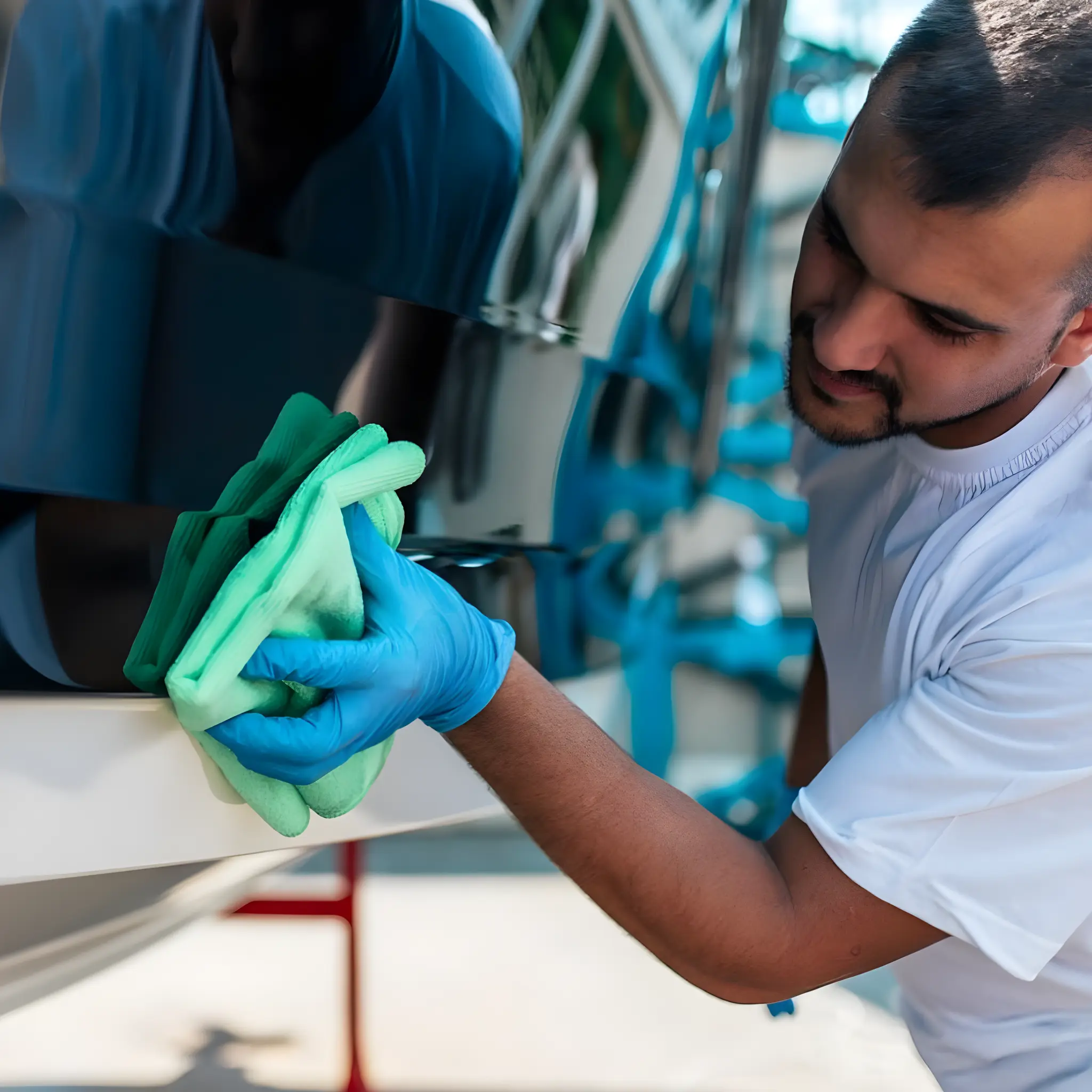 Hombre limpiando coche con guantes
