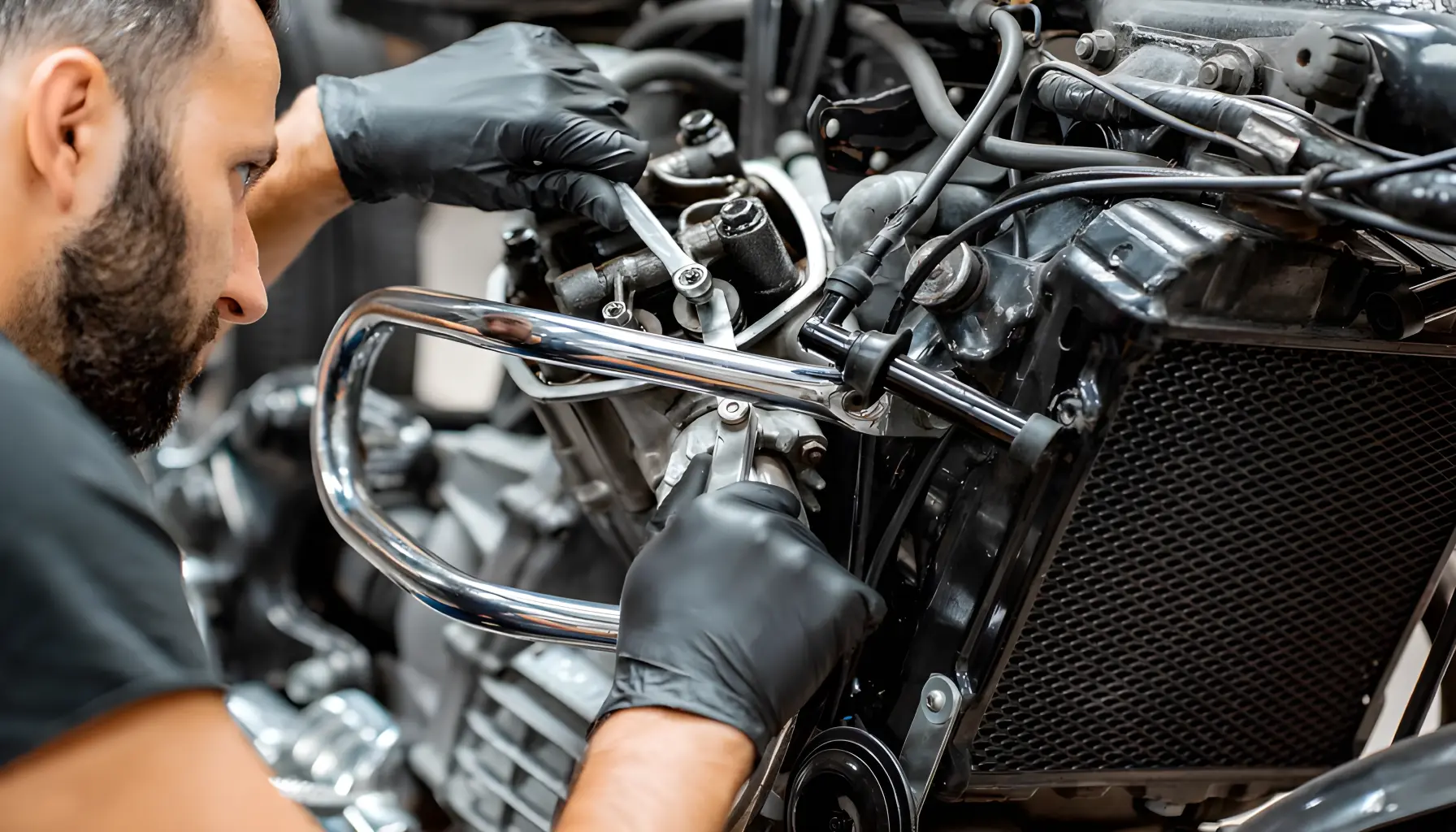 Mecánico reparando motor de moto en taller