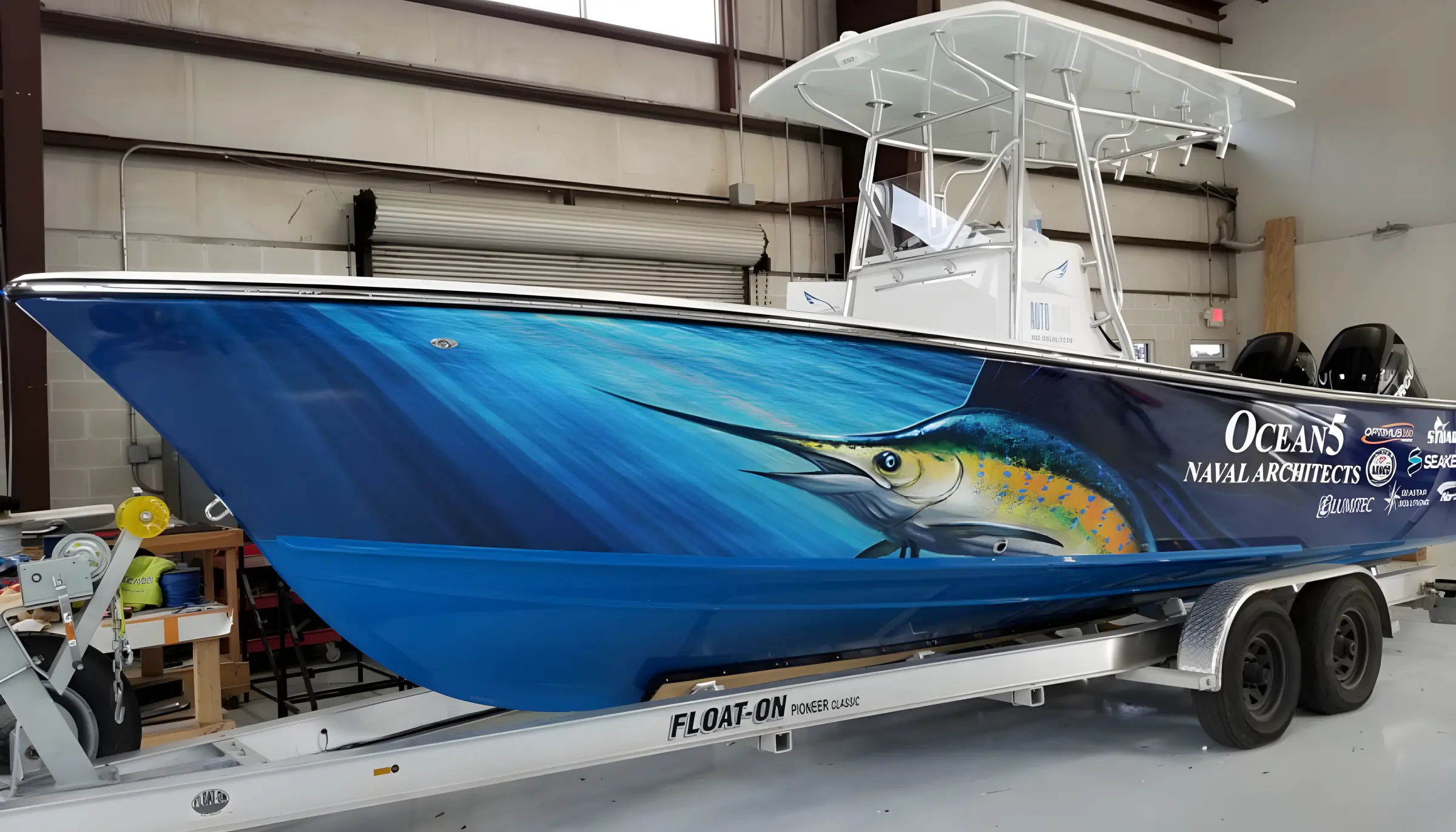 Barco azul con ilustración de pez en taller.